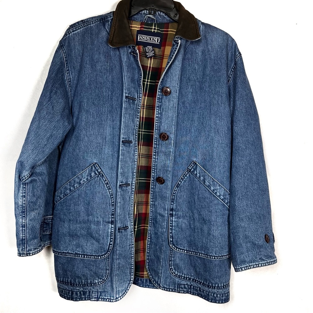 Lands' End Blue Jean Jacket with Brown Collar